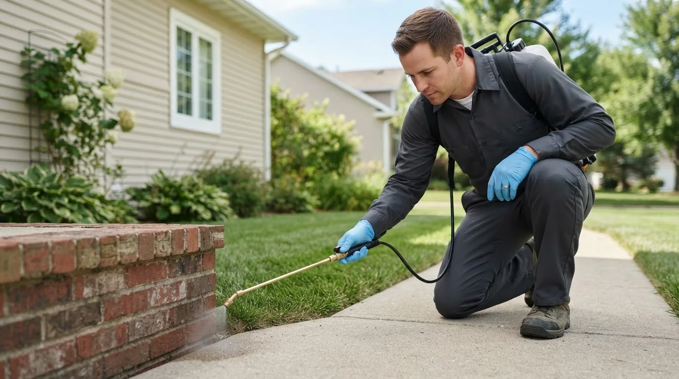 Pest control technician treating a home near South Hero, VT
